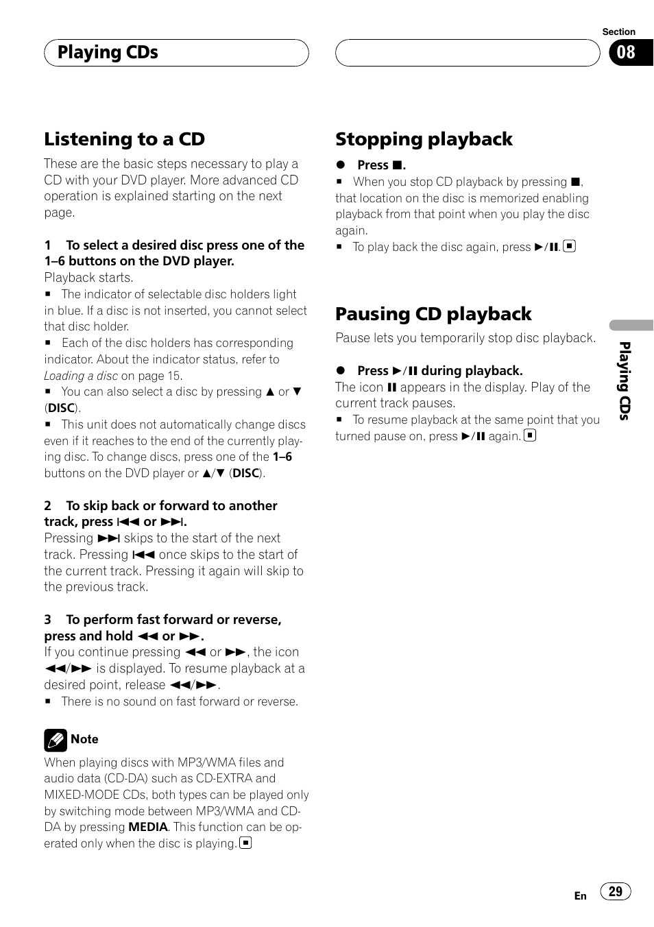 Playing cds listening to a cd, Stopping playback, Pausing cd playback | Listening to a cd, Playing cds | Pioneer XDV-P6 User Manual | Page 29 / 58