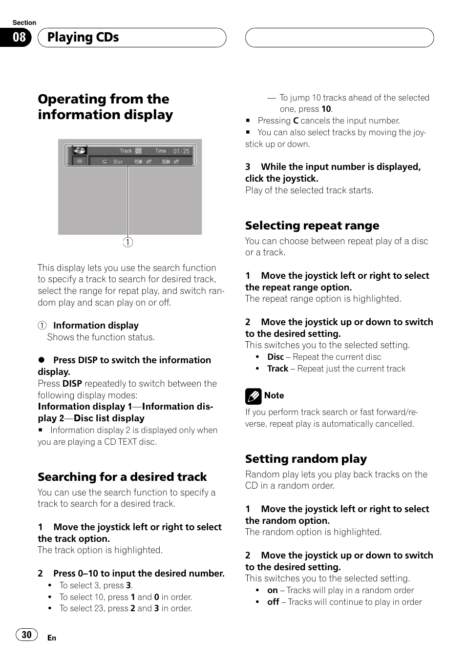 Operating from the information display, Playing cds, Searching for a desired track | Selecting repeat range, Setting random play | Pioneer XDV-P6 User Manual | Page 30 / 58