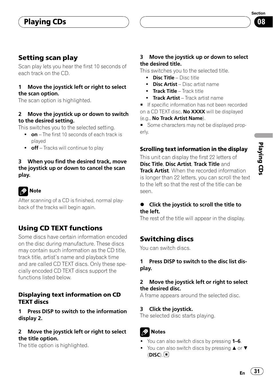 Playing cds, Setting scan play, Using cd text functions | Switching discs | Pioneer XDV-P6 User Manual | Page 31 / 58
