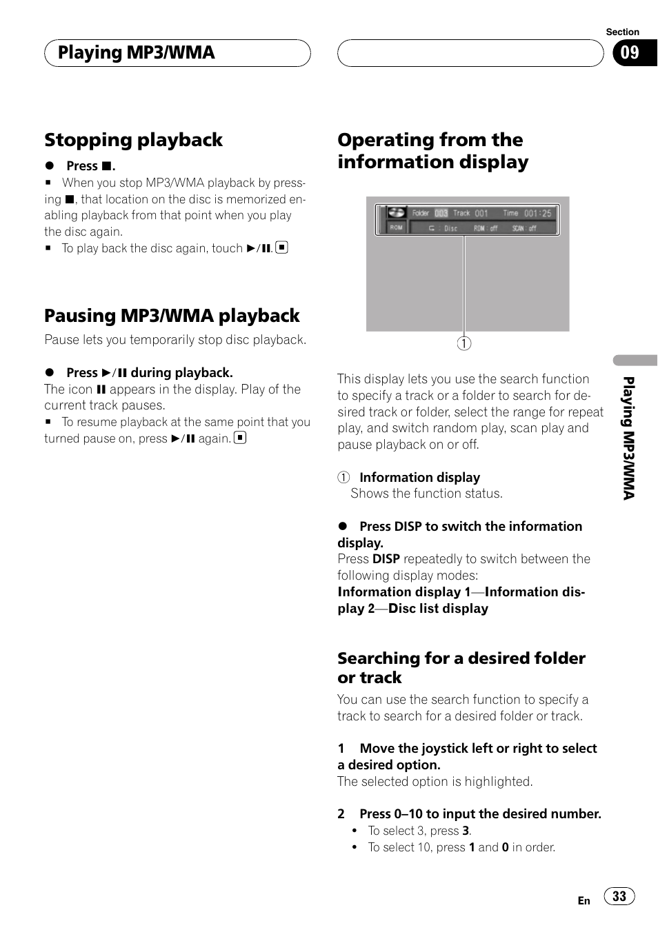 Stopping playback, Pausing mp3/wma playback, Operating from the information display | Playing mp3/wma | Pioneer XDV-P6 User Manual | Page 33 / 58