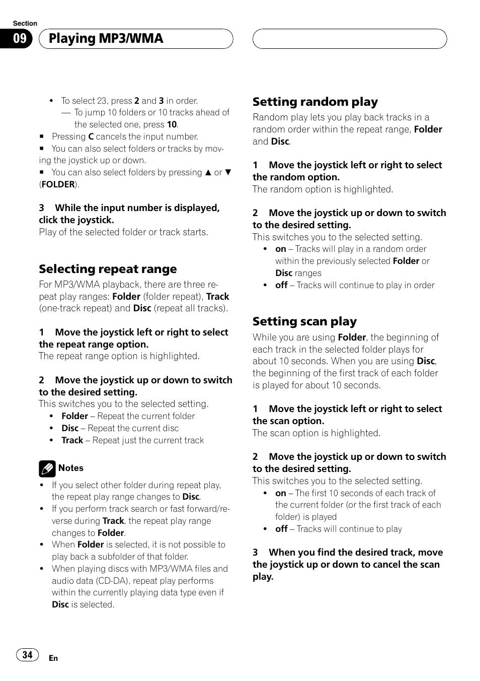 Playing mp3/wma, Selecting repeat range, Setting random play | Setting scan play | Pioneer XDV-P6 User Manual | Page 34 / 58