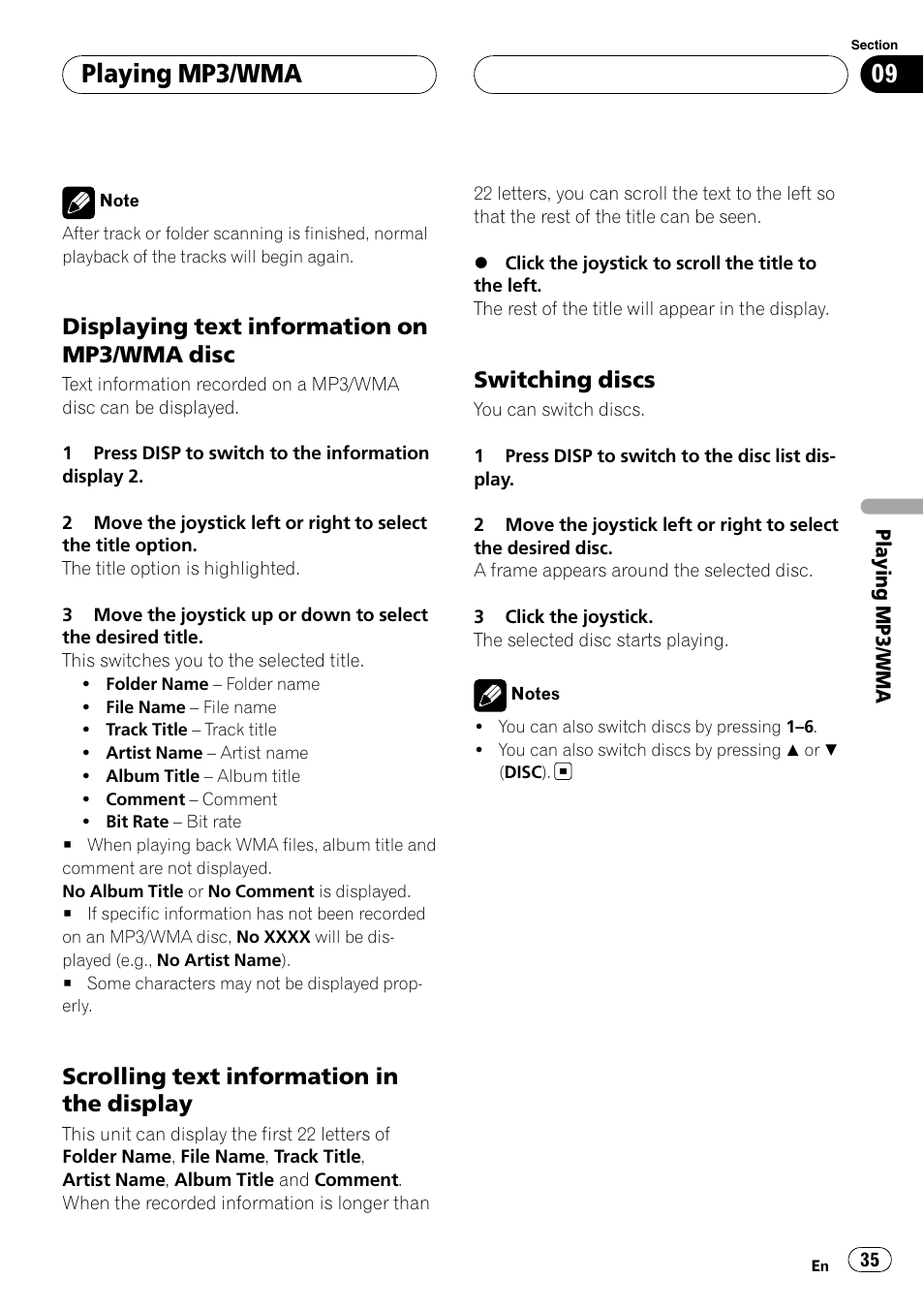Playing mp3/wma, Displaying text information on mp3/wma disc, Scrolling text information in the display | Switching discs | Pioneer XDV-P6 User Manual | Page 35 / 58
