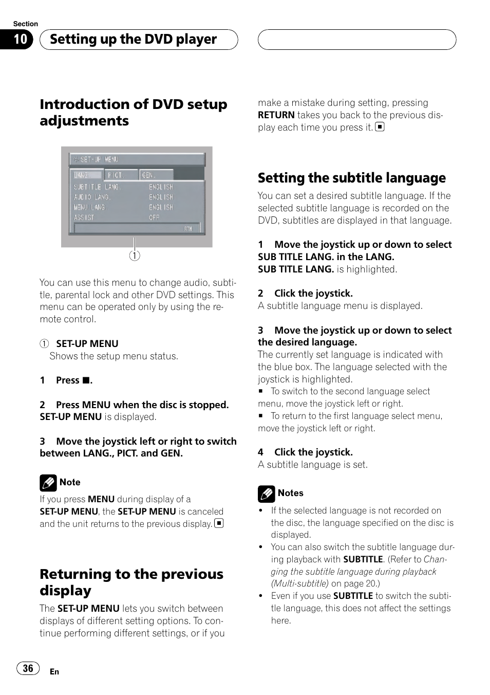 Returning to the previous display, Setting the subtitle language, Introduction of dvd setup adjustments | Setting up the dvd player | Pioneer XDV-P6 User Manual | Page 36 / 58