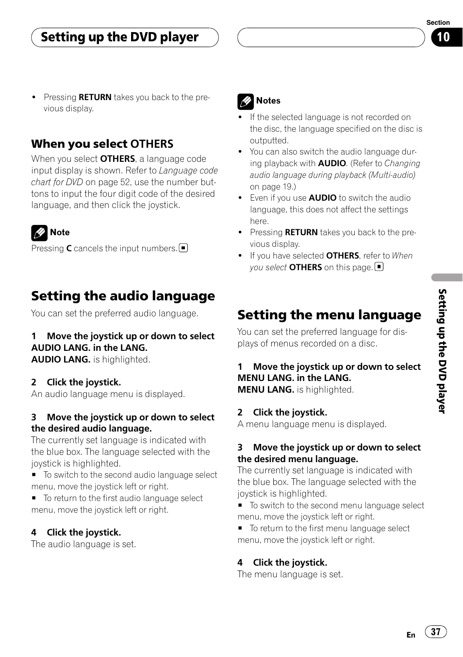 Setting the audio language, Setting the menu language, Setting up the dvd player | When you select others | Pioneer XDV-P6 User Manual | Page 37 / 58