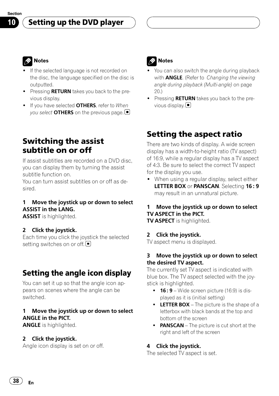 Switching the assist subtitle on or off, Setting the angle icon display, Setting the aspect ratio | Setting up the dvd player | Pioneer XDV-P6 User Manual | Page 38 / 58