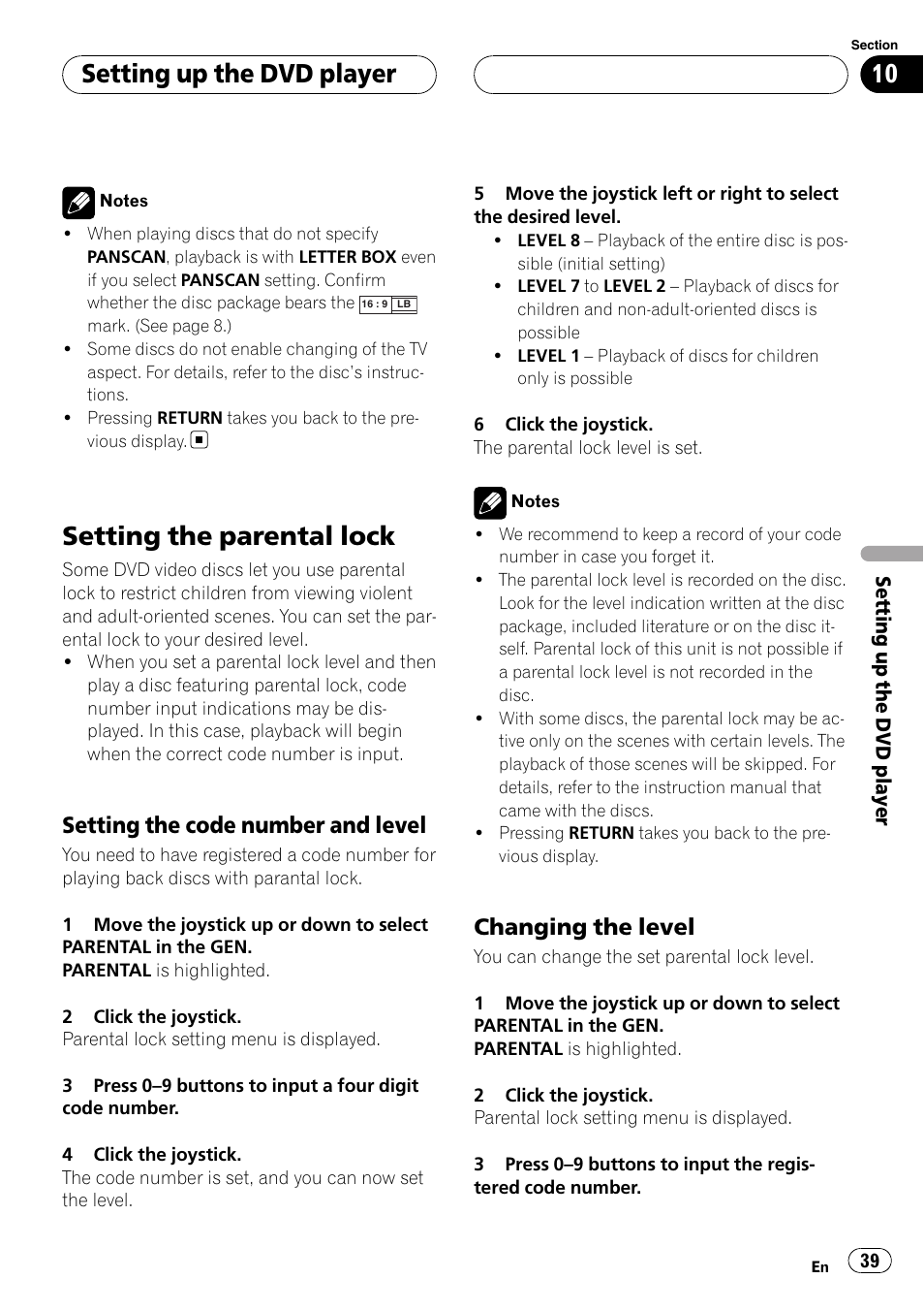Setting the parental lock, Setting up the dvd player, Setting the code number and level | Changing the level | Pioneer XDV-P6 User Manual | Page 39 / 58