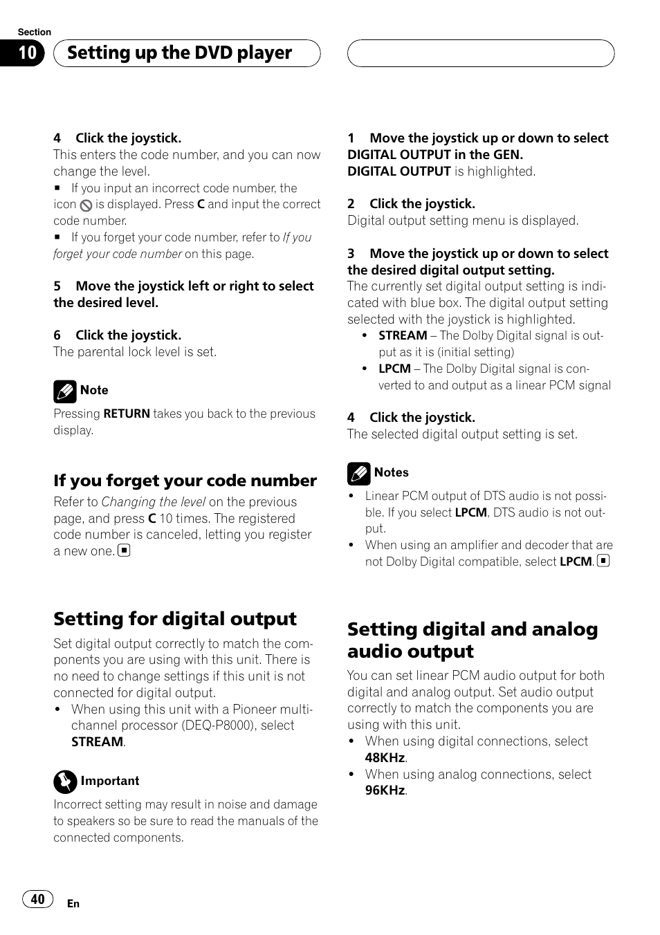 Setting for digital output, Setting digital and analog audio output, Setting up the dvd player | If you forget your code number | Pioneer XDV-P6 User Manual | Page 40 / 58