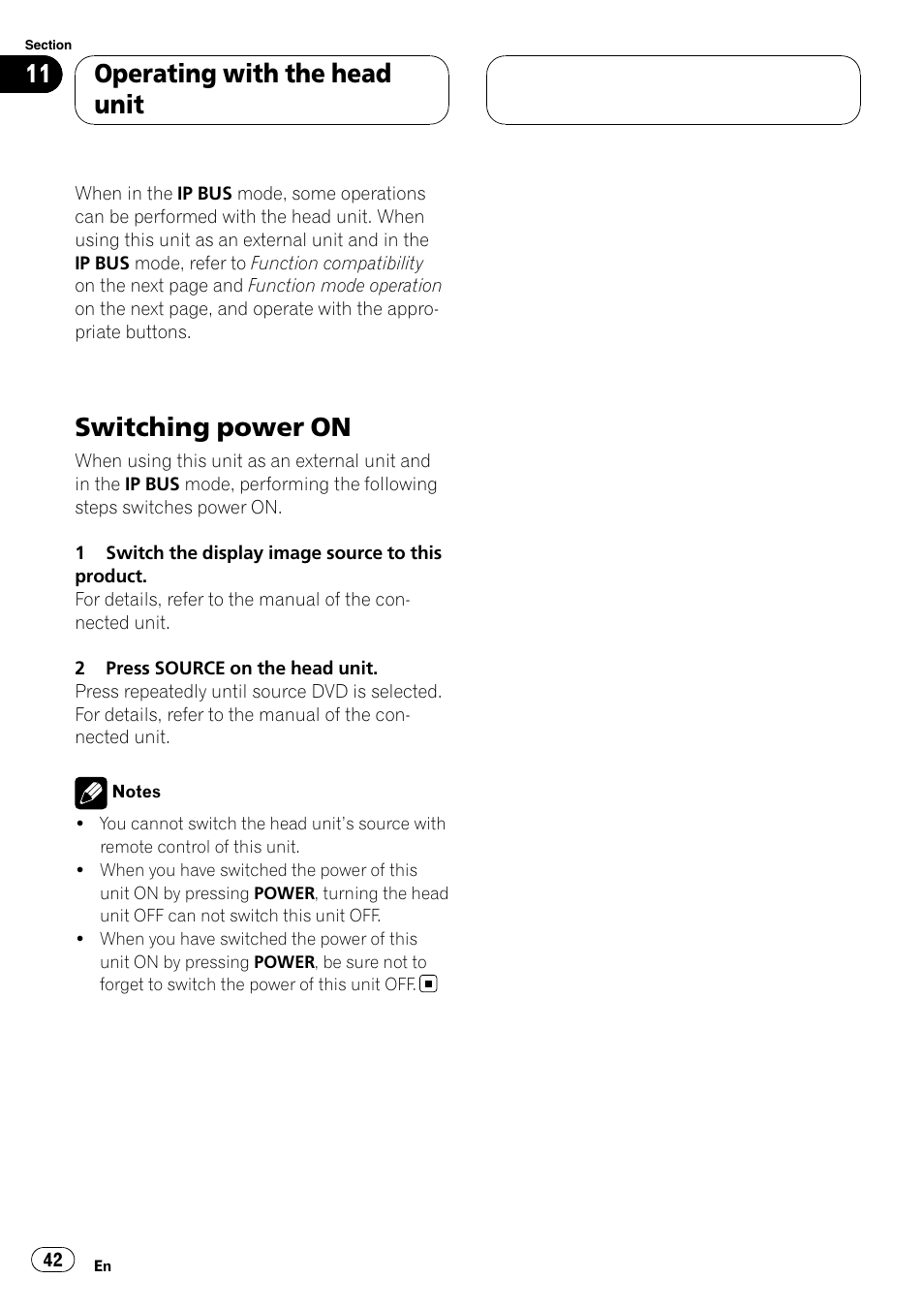 Operating with the head unit switching power on, Switching power on, Operating with the head unit | Pioneer XDV-P6 User Manual | Page 42 / 58