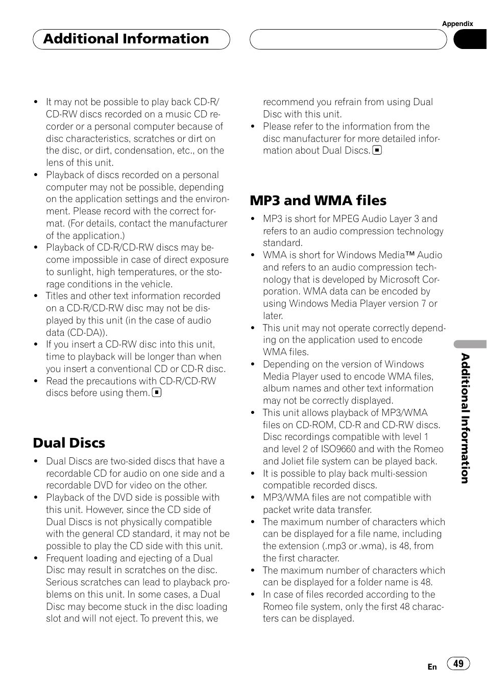 Dual discs, Mp3 and wma files, Additional information | Pioneer XDV-P6 User Manual | Page 49 / 58