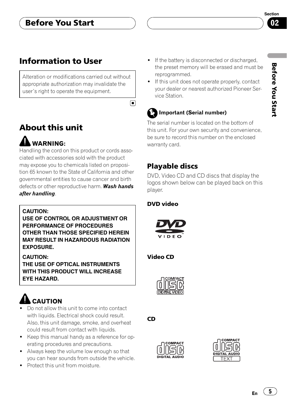 Playable discs 5, Before you start information to user, About this unit | Information to user, Before you start | Pioneer XDV-P6 User Manual | Page 5 / 58