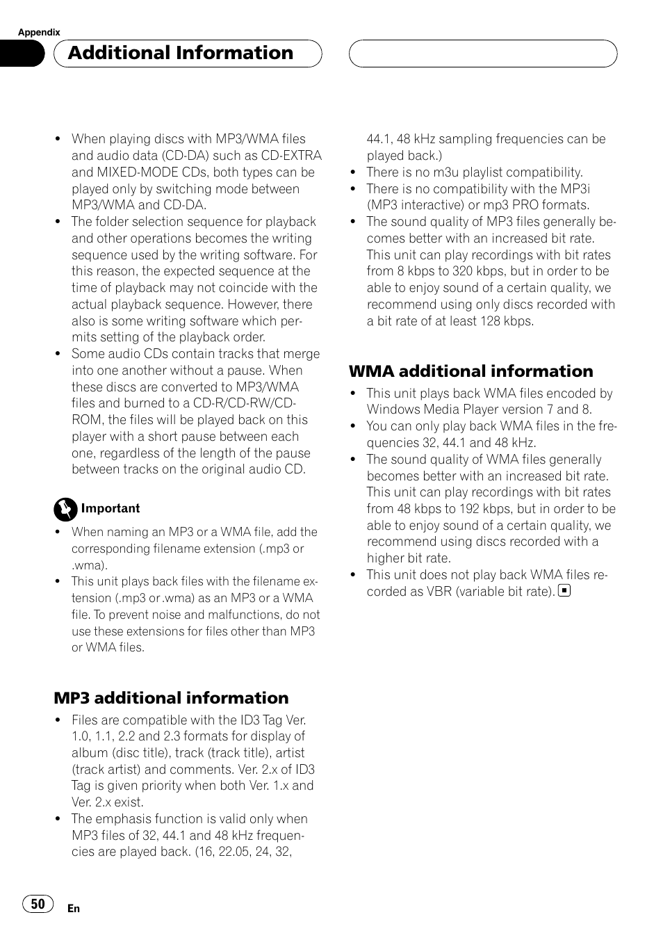 Additional information, Mp3 additional information, Wma additional information | Pioneer XDV-P6 User Manual | Page 50 / 58