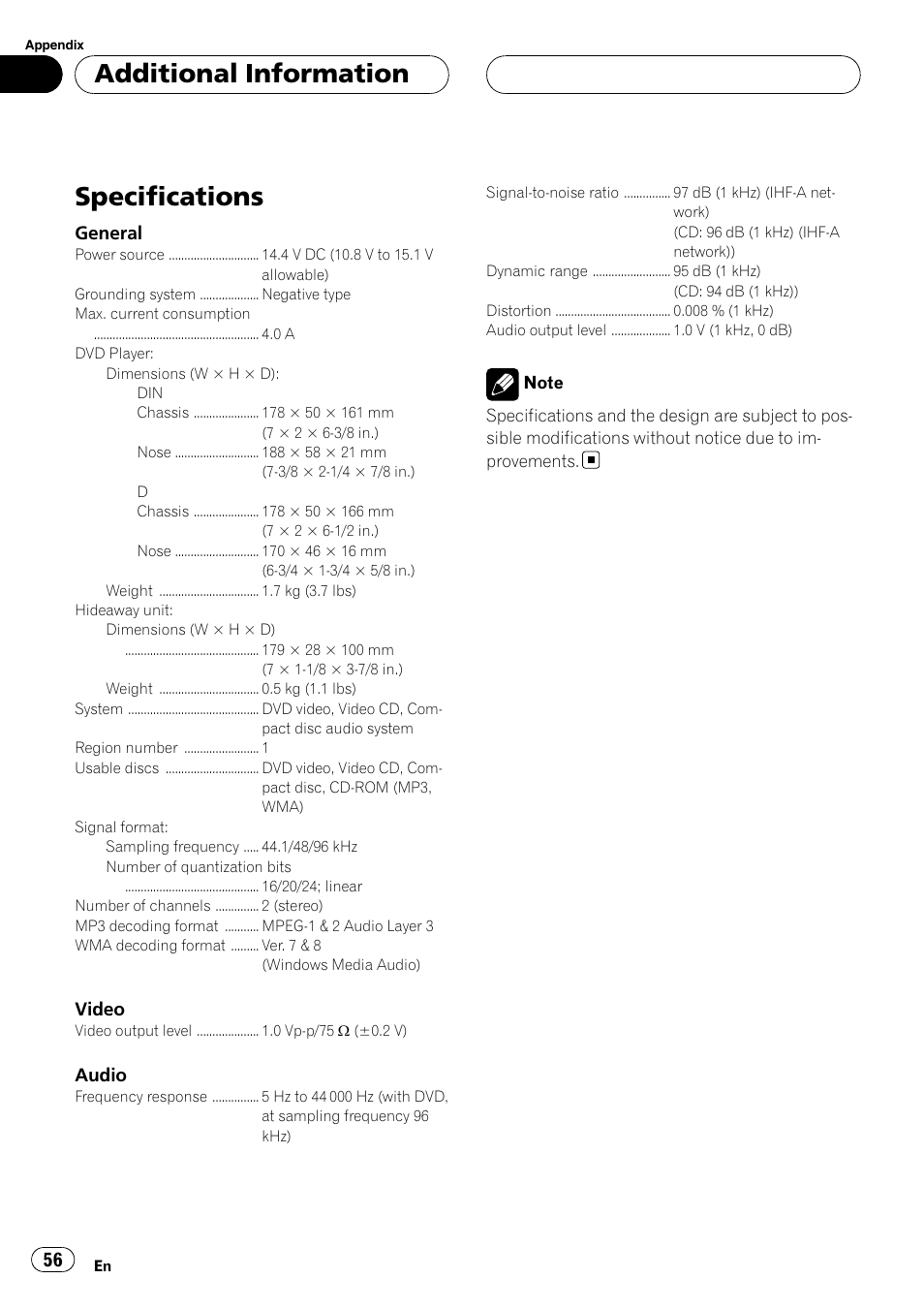 Specifications, Additional information | Pioneer XDV-P6 User Manual | Page 56 / 58