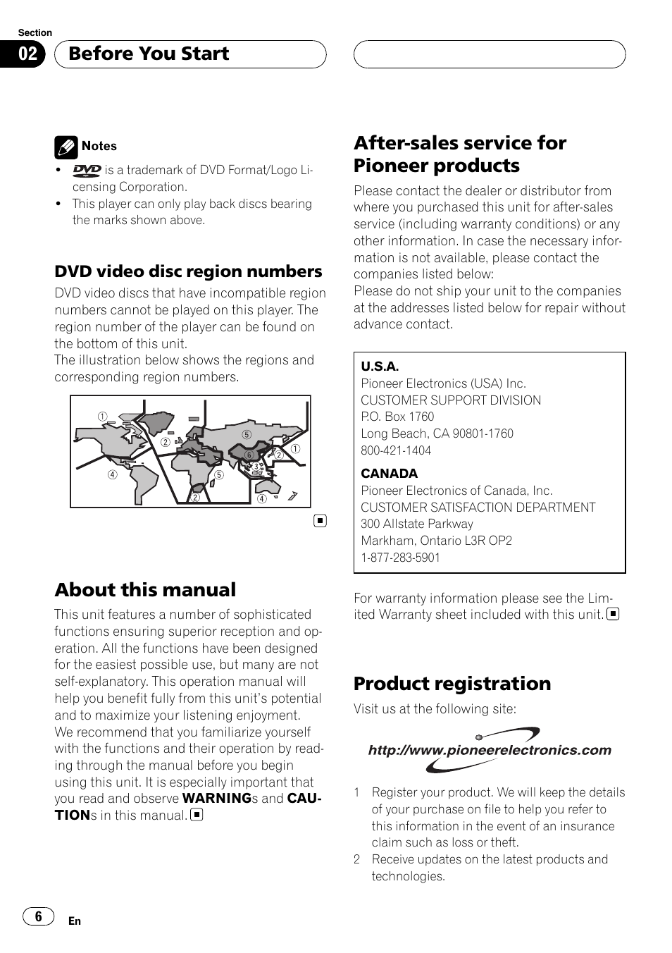 Dvd video disc region numbers 6, About this manual, After-sales service for pioneer products | Product registration, Before you start | Pioneer XDV-P6 User Manual | Page 6 / 58