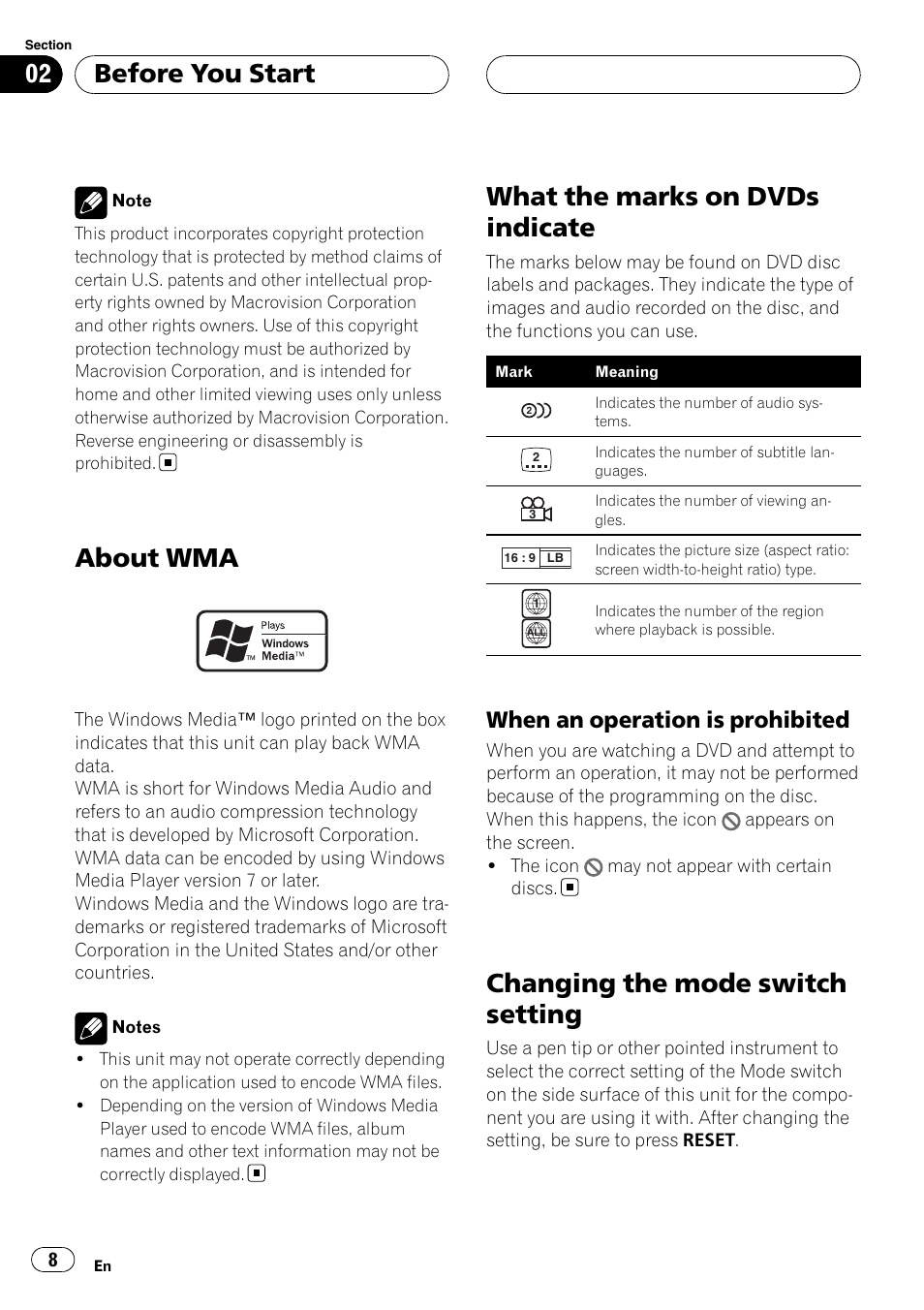 When an operation is prohibited 8, About wma, What the marks on dvds indicate | Changing the mode switch setting, Before you start, When an operation is prohibited | Pioneer XDV-P6 User Manual | Page 8 / 58
