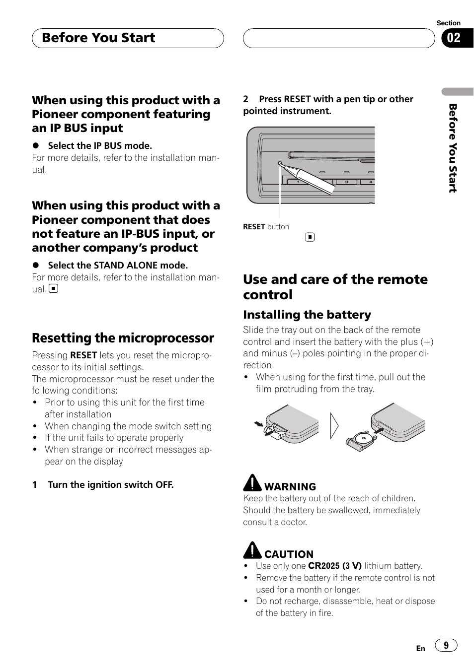 Resetting the microprocessor, Use and care of the remote control, Before you start | Pioneer XDV-P6 User Manual | Page 9 / 58