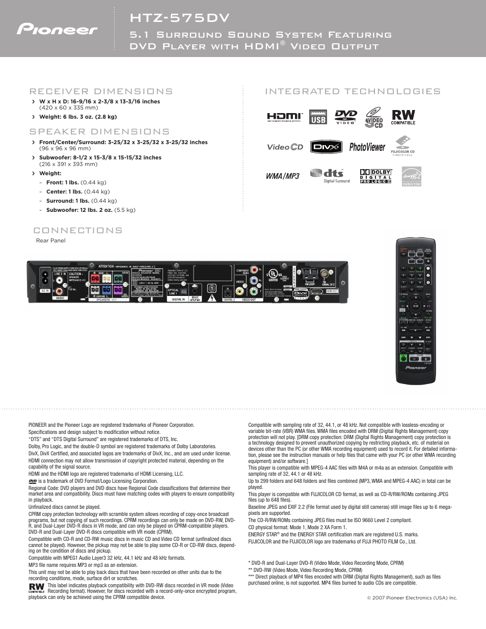 Htz-575dv, Video output, Connections | Receiver dimensions, Speaker dimensions, Integrated technologies | Pioneer HTZ-575DV User Manual | Page 2 / 2