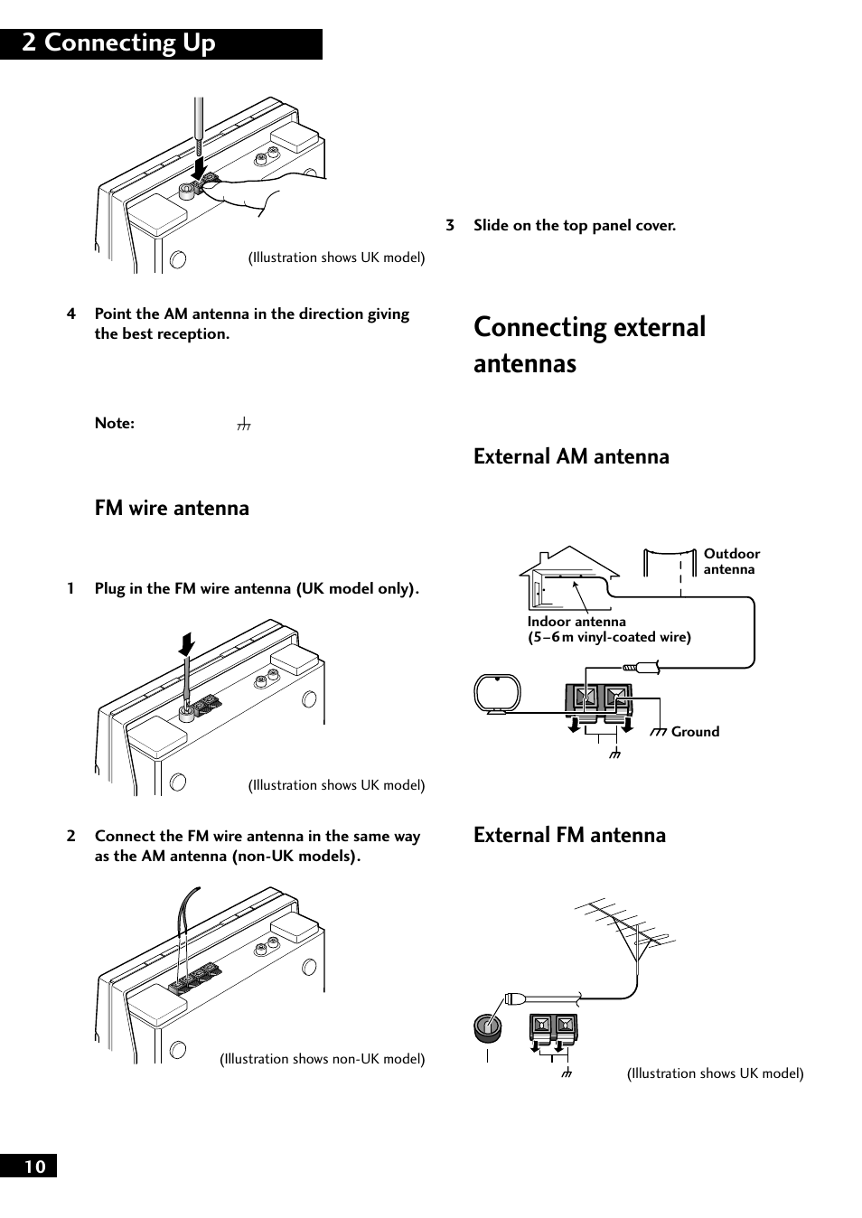 Connecting external antennas, 2 connecting up, Fm wire antenna | External am antenna, External fm antenna | Pioneer M-F10 User Manual | Page 10 / 40