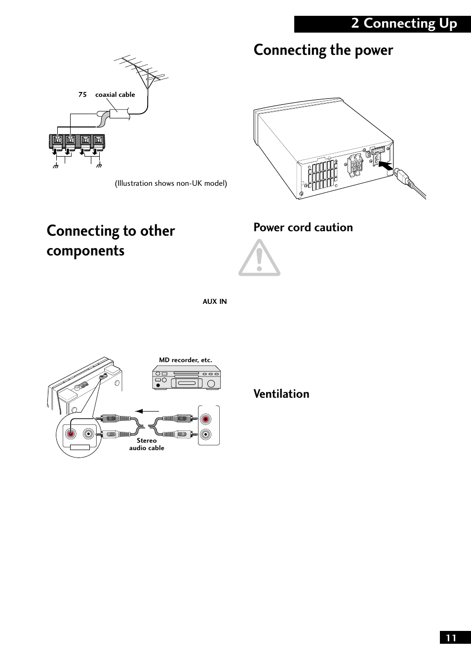 Connecting to other components, Connecting the power, 2 connecting up | Power cord caution, Ventilation | Pioneer M-F10 User Manual | Page 11 / 40