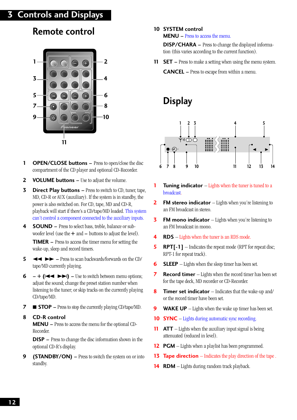 Remote control, Display, 3 controls and displays | Pioneer M-F10 User Manual | Page 12 / 40