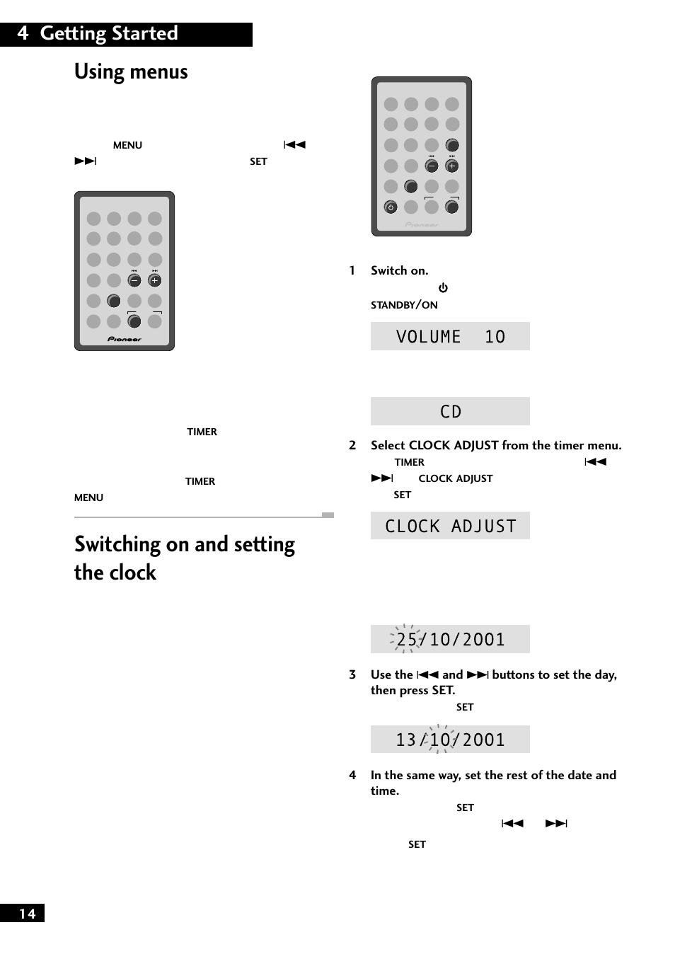 Using menus, Switching on and setting the clock, 4 getting started | Pioneer M-F10 User Manual | Page 14 / 40