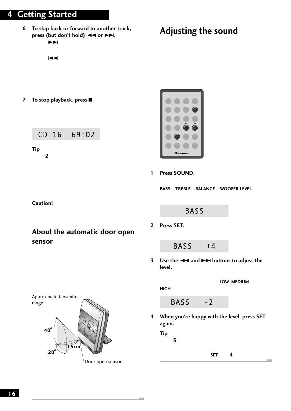 Adjusting the sound, 4 getting started, About the automatic door open sensor | Pioneer M-F10 User Manual | Page 16 / 40