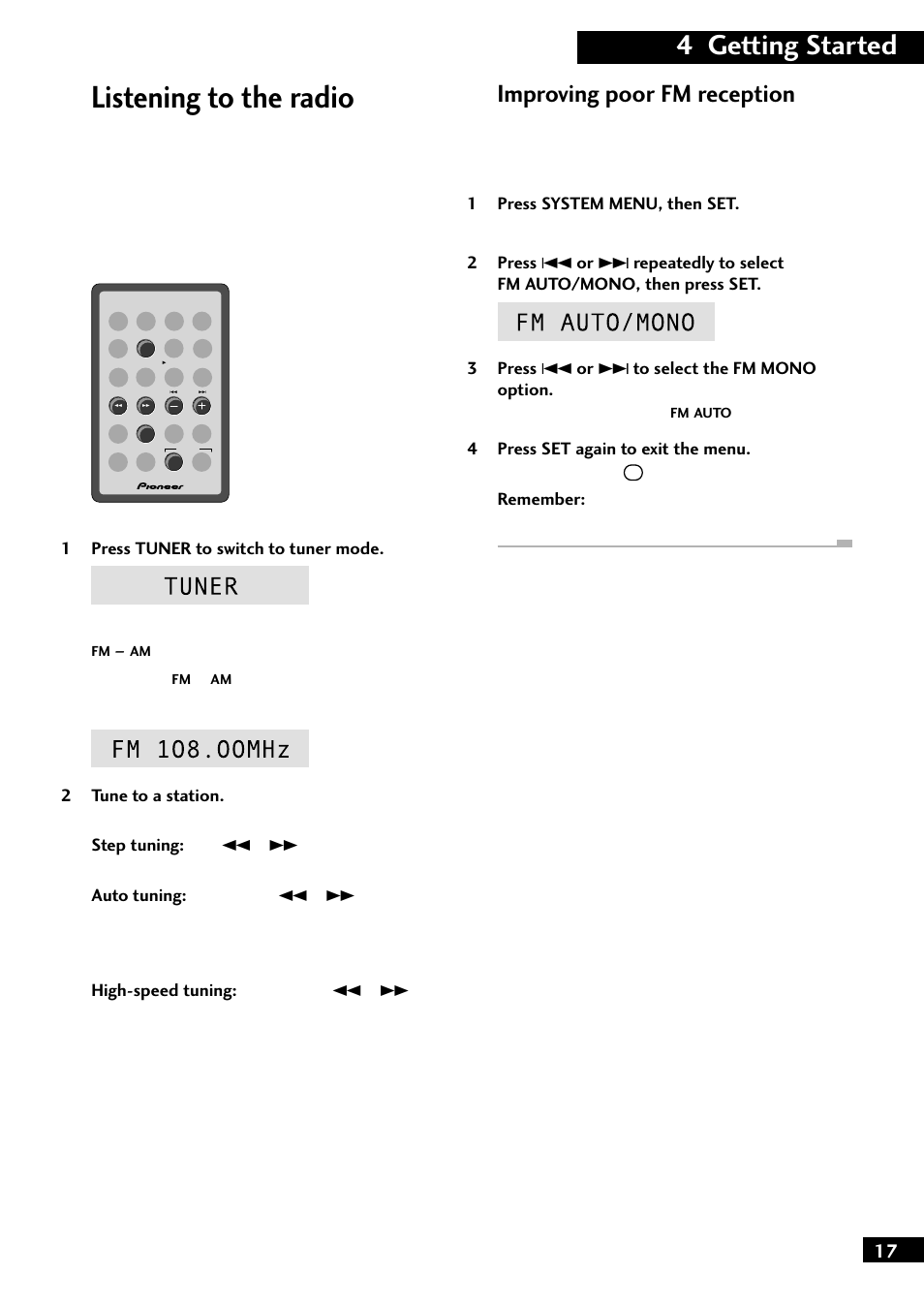 Listening to the radio, 4 getting started, Improving poor fm reception | Pioneer M-F10 User Manual | Page 17 / 40