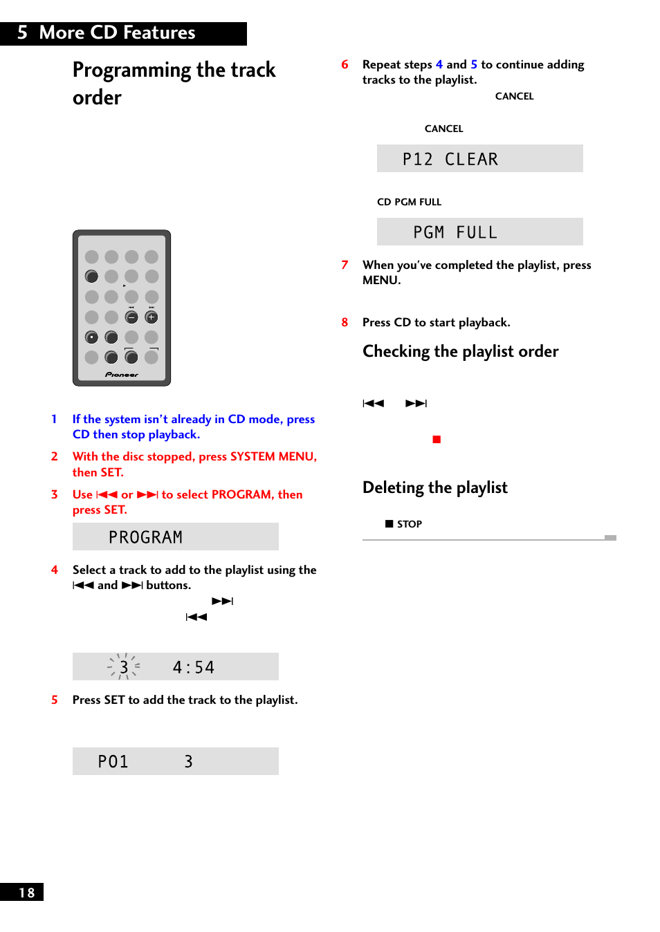 Programming the track order, 5 more cd features, Checking the playlist order | Deleting the playlist | Pioneer M-F10 User Manual | Page 18 / 40