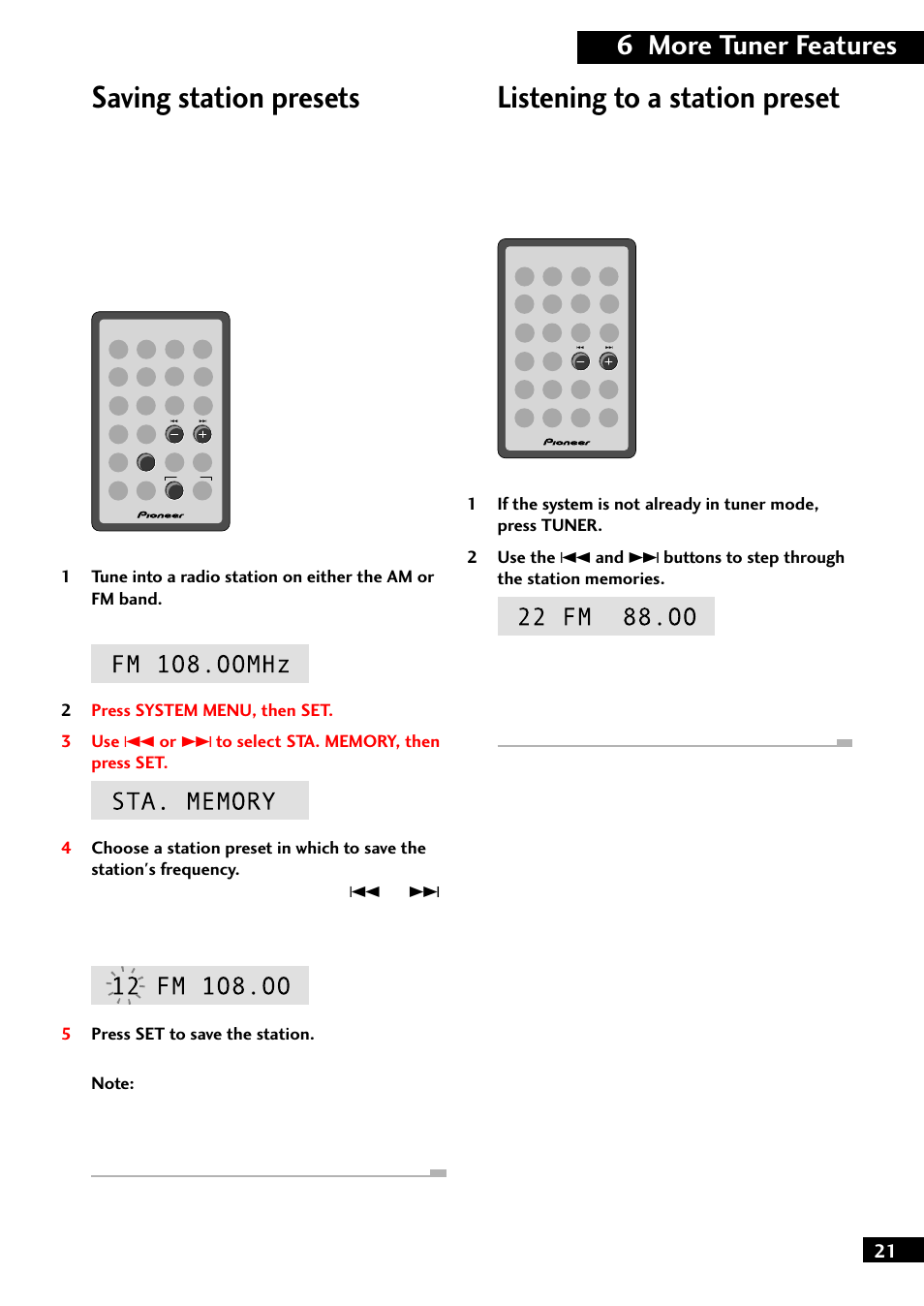 Saving station presets, Listening to a station preset, 6 more tuner features | Pioneer M-F10 User Manual | Page 21 / 40