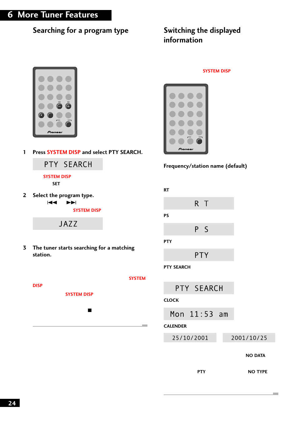 6 more tuner features, Switching the displayed information, Searching for a program type | Pioneer M-F10 User Manual | Page 24 / 40