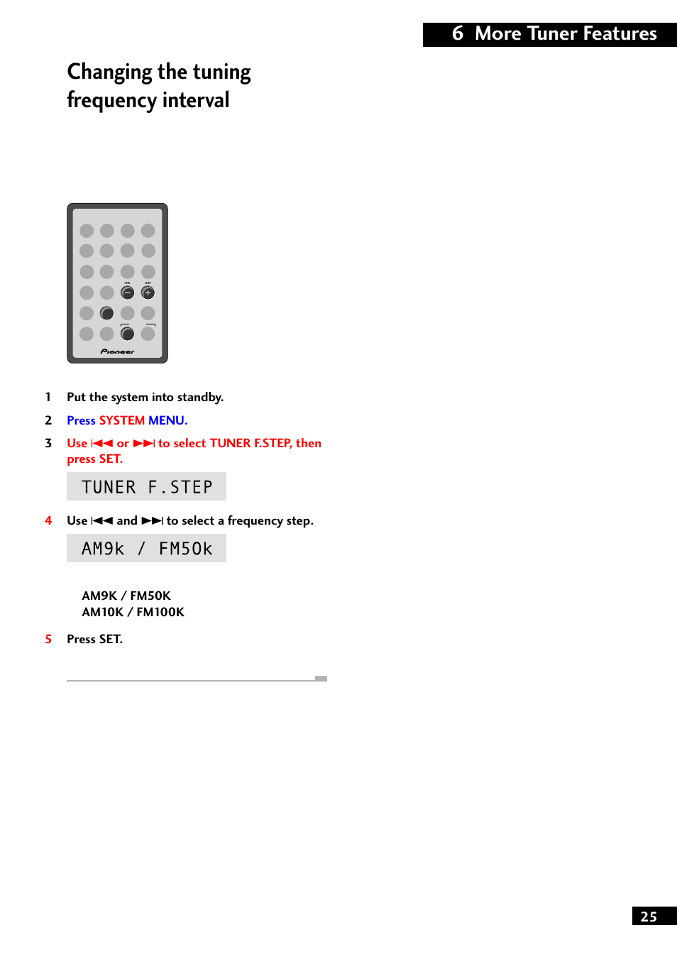 Changing the tuning frequency interval, 6 more tuner features | Pioneer M-F10 User Manual | Page 25 / 40