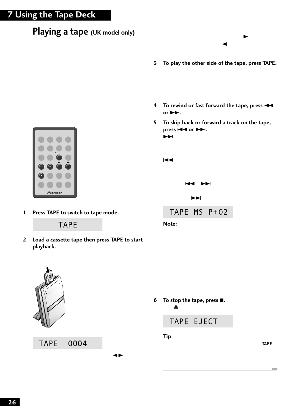Playing a tape, 7 using the tape deck, Uk model only) | Pioneer M-F10 User Manual | Page 26 / 40