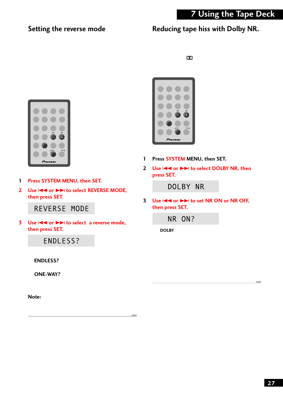 7 using the tape deck, Setting the reverse mode, Reducing tape hiss with dolby nr | Pioneer M-F10 User Manual | Page 27 / 40