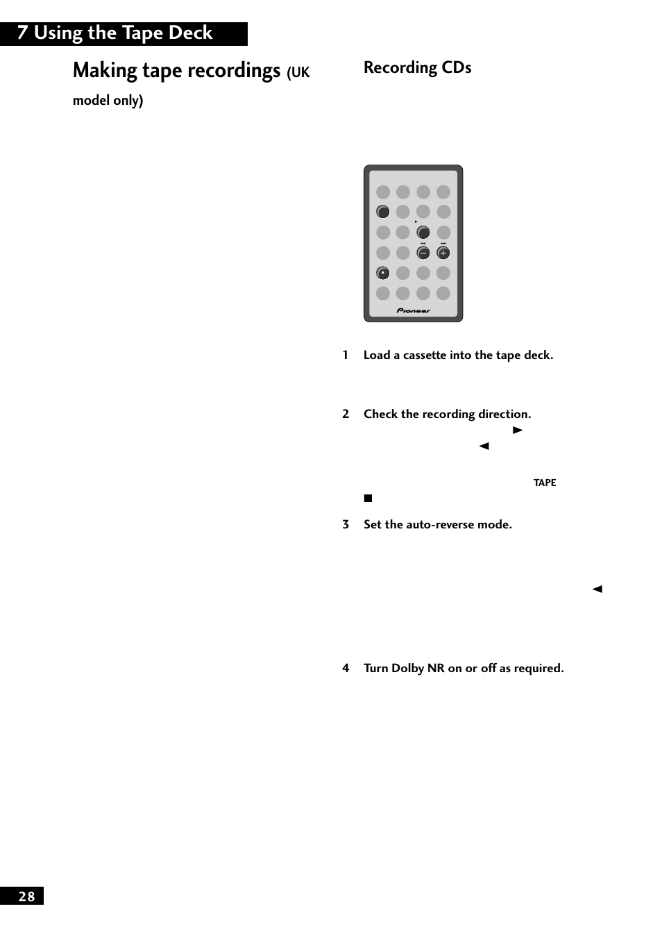 Making tape recordings, 7 using the tape deck, Recording cds | Uk model only) | Pioneer M-F10 User Manual | Page 28 / 40