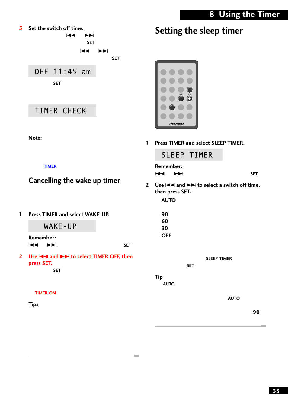 Setting the sleep timer, 8 using the timer, Cancelling the wake up timer | Pioneer M-F10 User Manual | Page 33 / 40