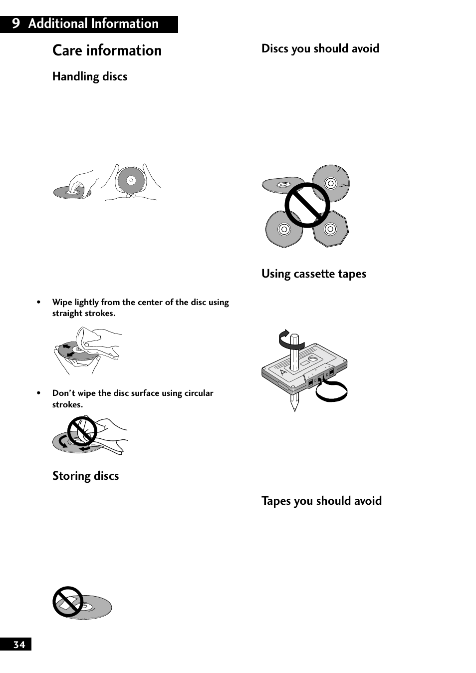 Care information, 9 additional information, Handling discs | Storing discs, Discs you should avoid, Using cassette tapes, Tapes you should avoid | Pioneer M-F10 User Manual | Page 34 / 40