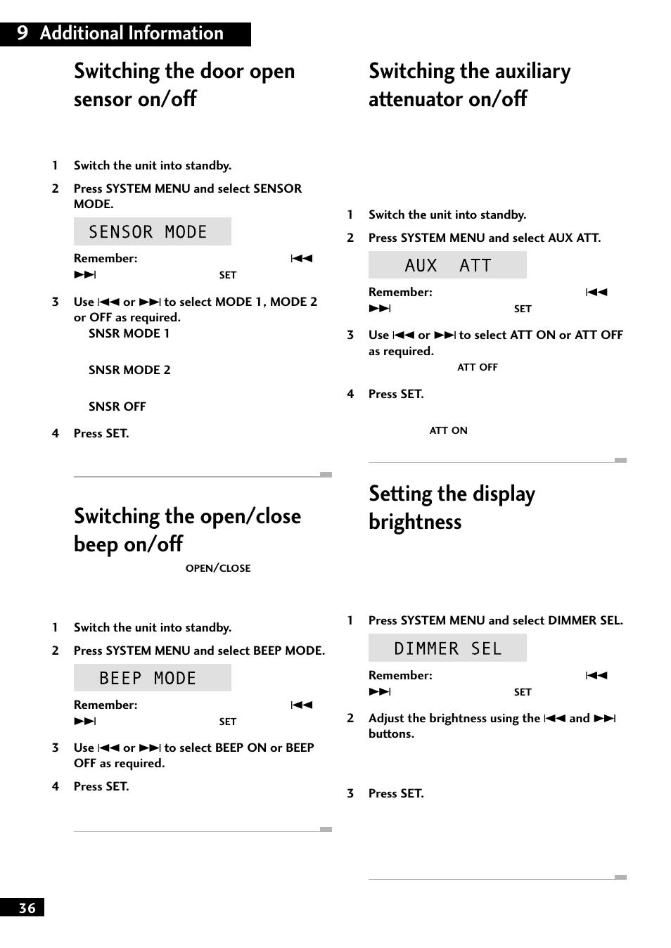 Switching the auxiliary attenuator on/off, Setting the display brightness, Switching the door open sensor on/off | Switching the open/close beep on/off, 9 additional information | Pioneer M-F10 User Manual | Page 36 / 40