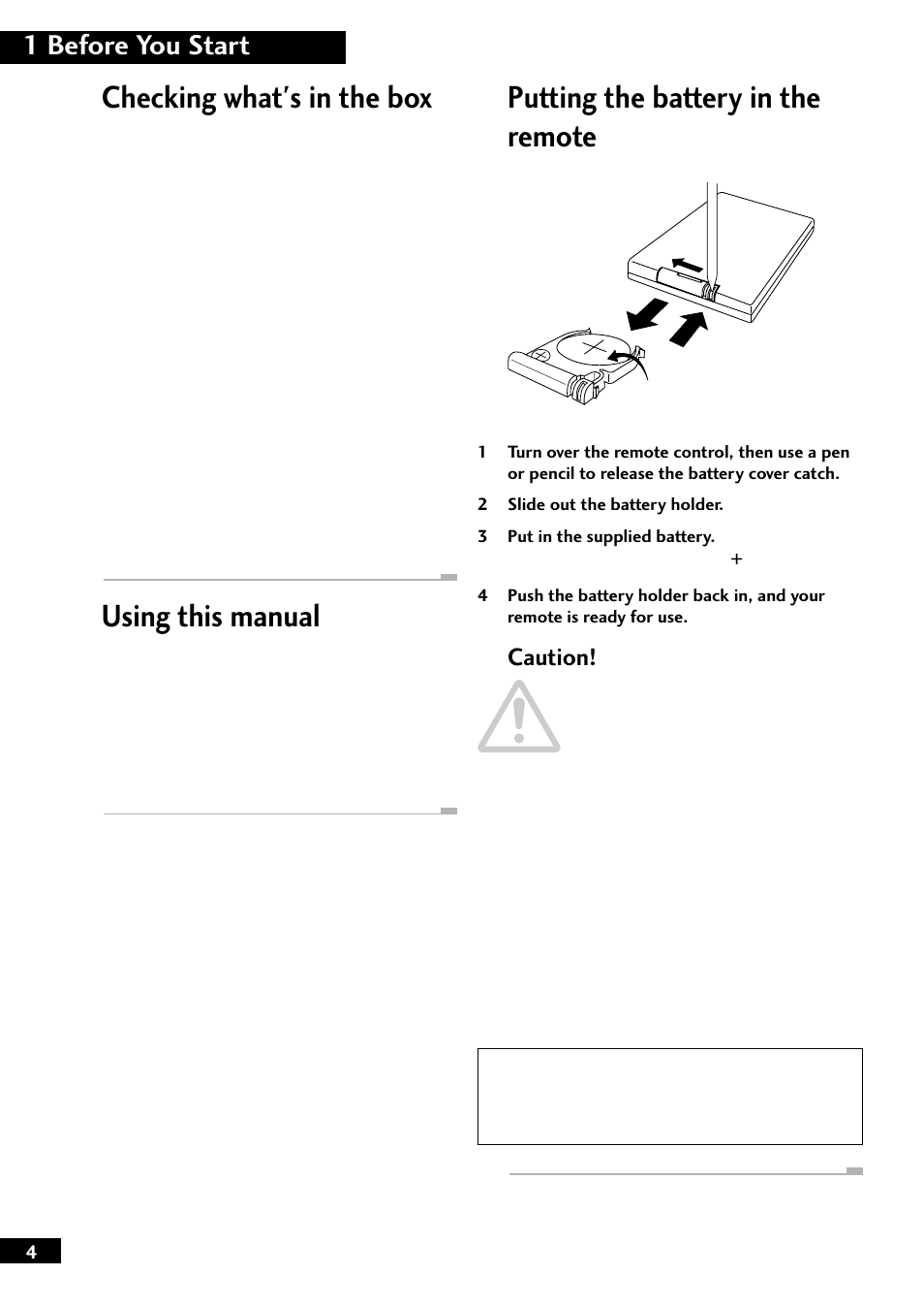 Checking what's in the box, Using this manual, Putting the battery in the remote | 1 before you start, Caution | Pioneer M-F10 User Manual | Page 4 / 40