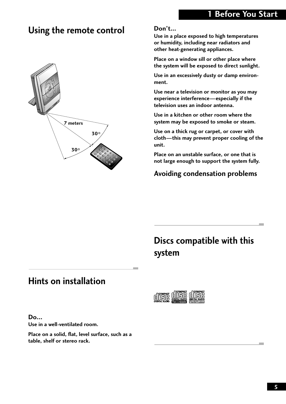 Using the remote control, Hints on installation, Discs compatible with this system | 1 before you start, Avoiding condensation problems | Pioneer M-F10 User Manual | Page 5 / 40