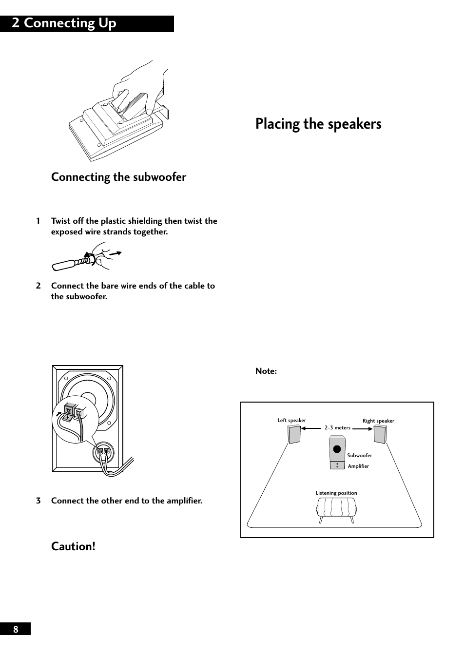Placing the speakers, 2 connecting up, Connecting the subwoofer | Caution | Pioneer M-F10 User Manual | Page 8 / 40