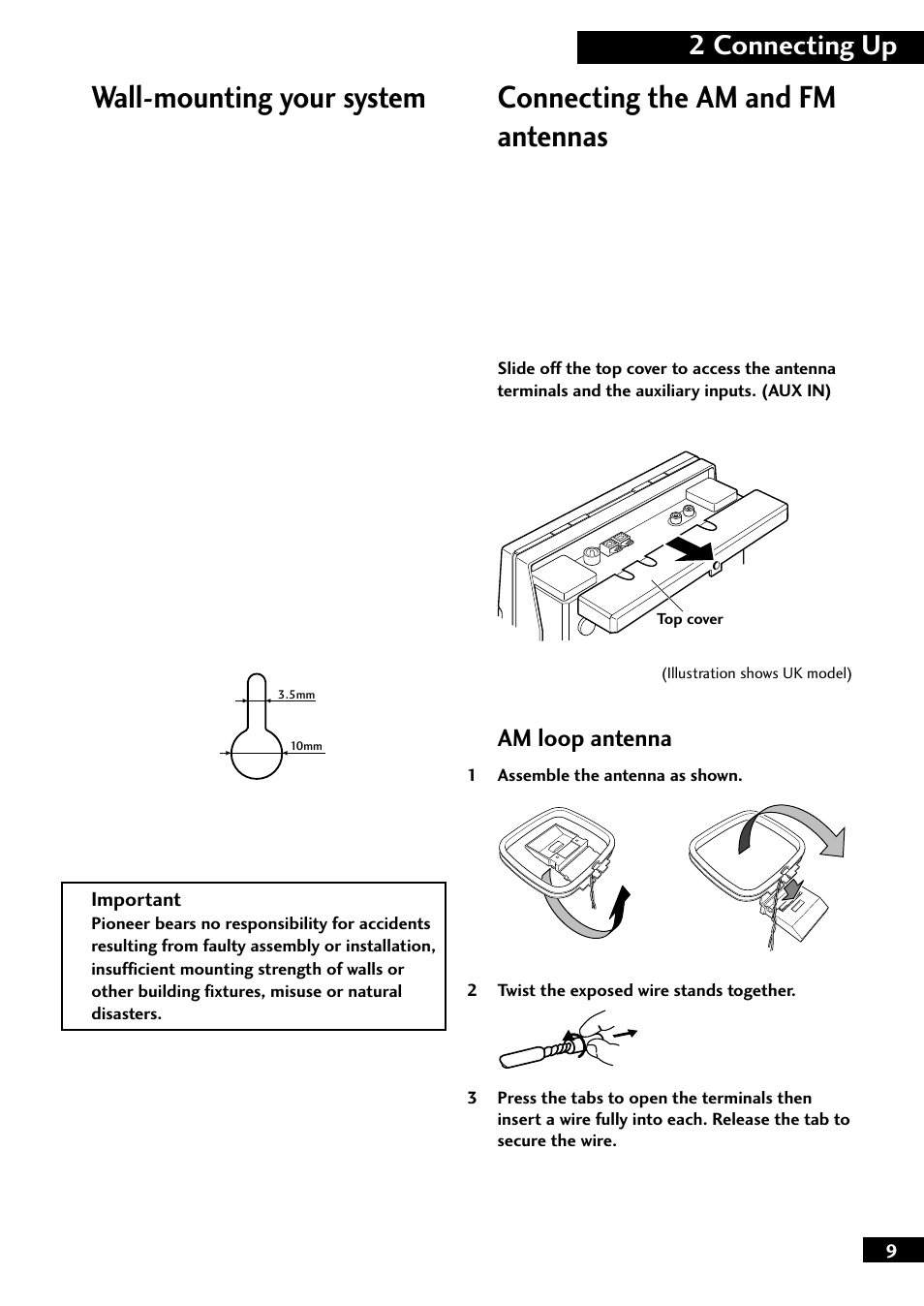 Connecting the am and fm antennas, Wall-mounting your system, 2 connecting up | Am loop antenna | Pioneer M-F10 User Manual | Page 9 / 40