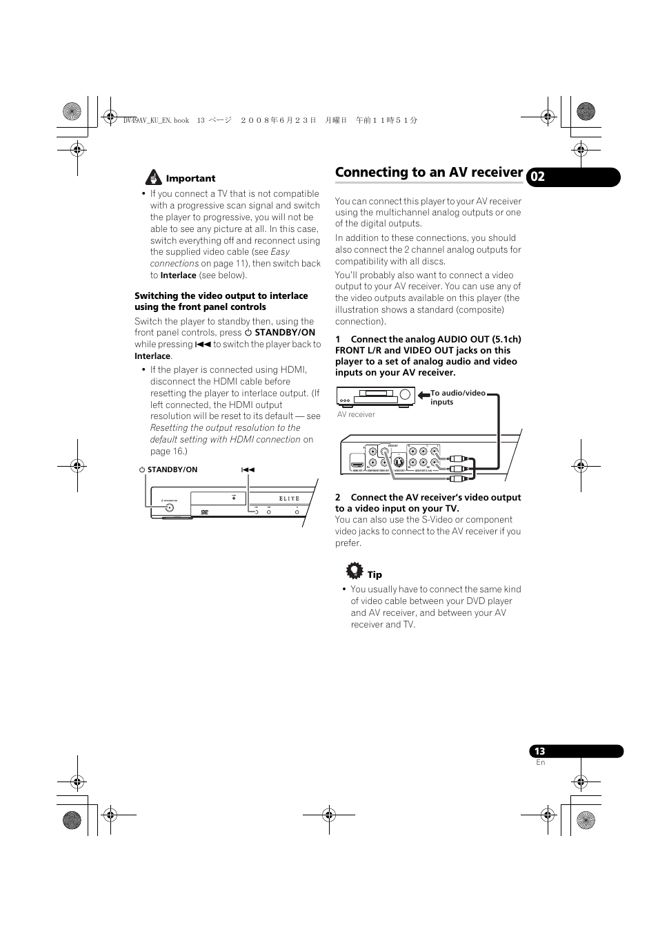 Connecting to an av receiver | Pioneer ELITE DV-49AV User Manual | Page 13 / 63