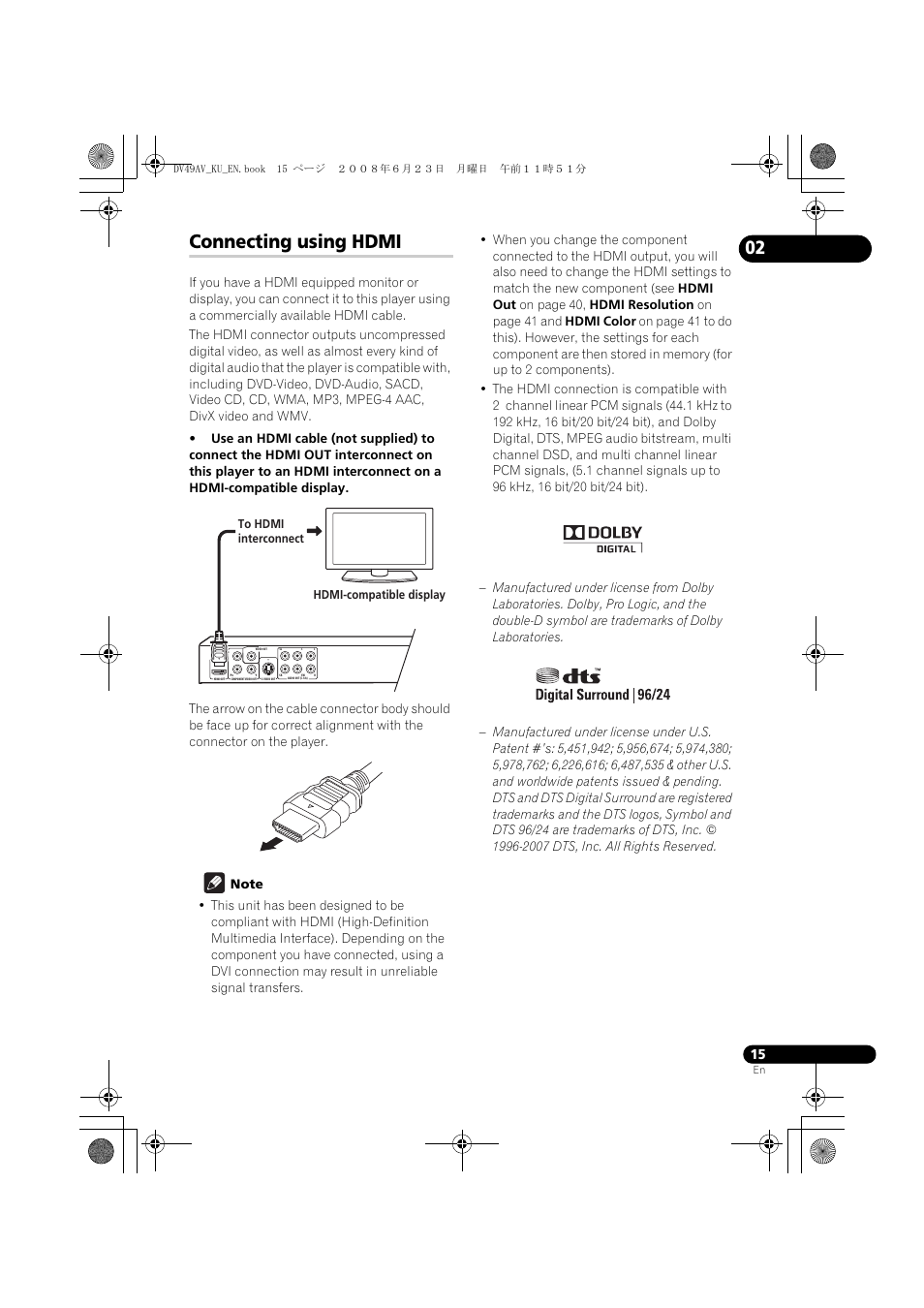Connecting using hdmi, Hdmi-compatible display to hdmi interconnect | Pioneer ELITE DV-49AV User Manual | Page 15 / 63