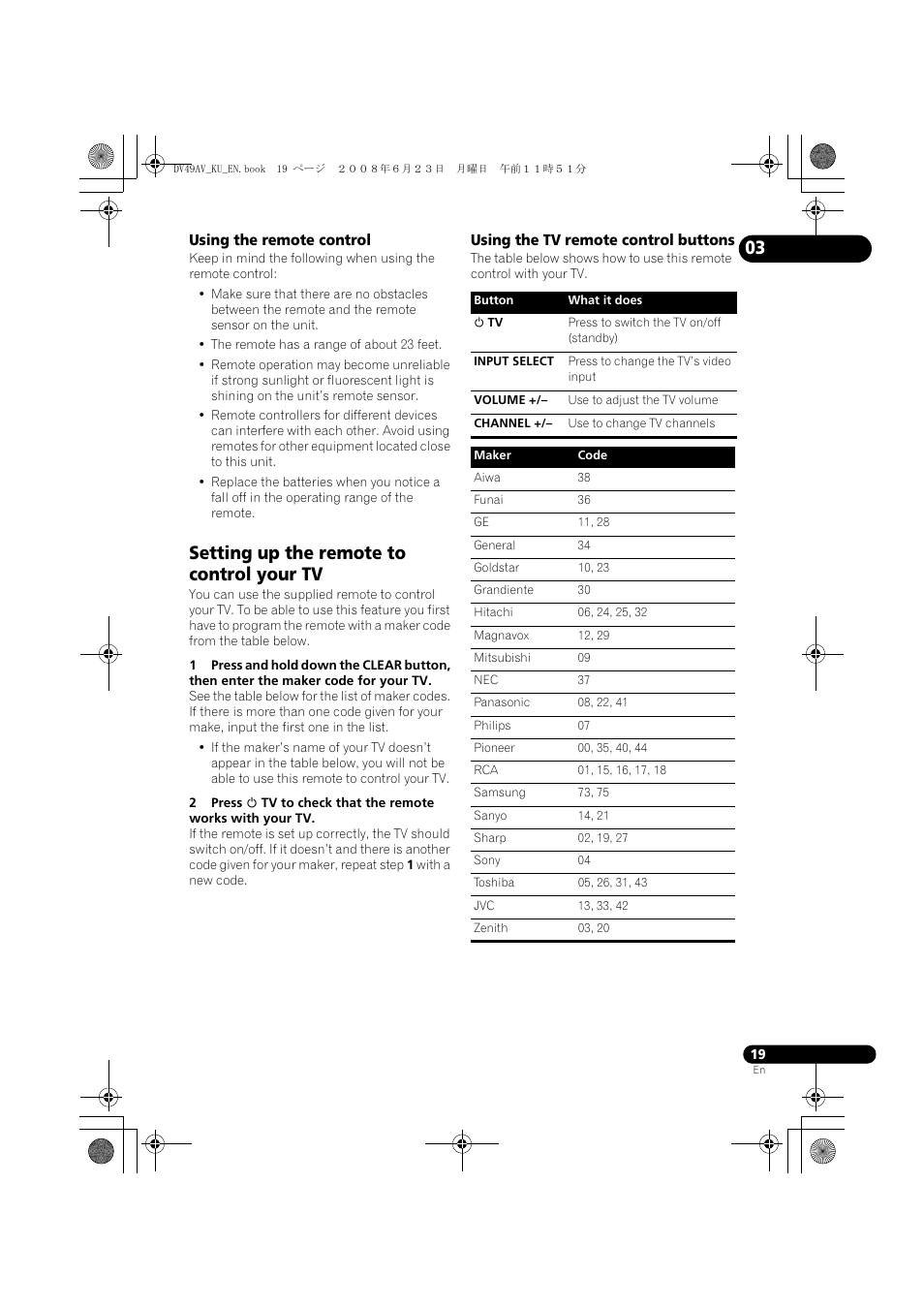 Setting up the remote to control your tv | Pioneer ELITE DV-49AV User Manual | Page 19 / 63