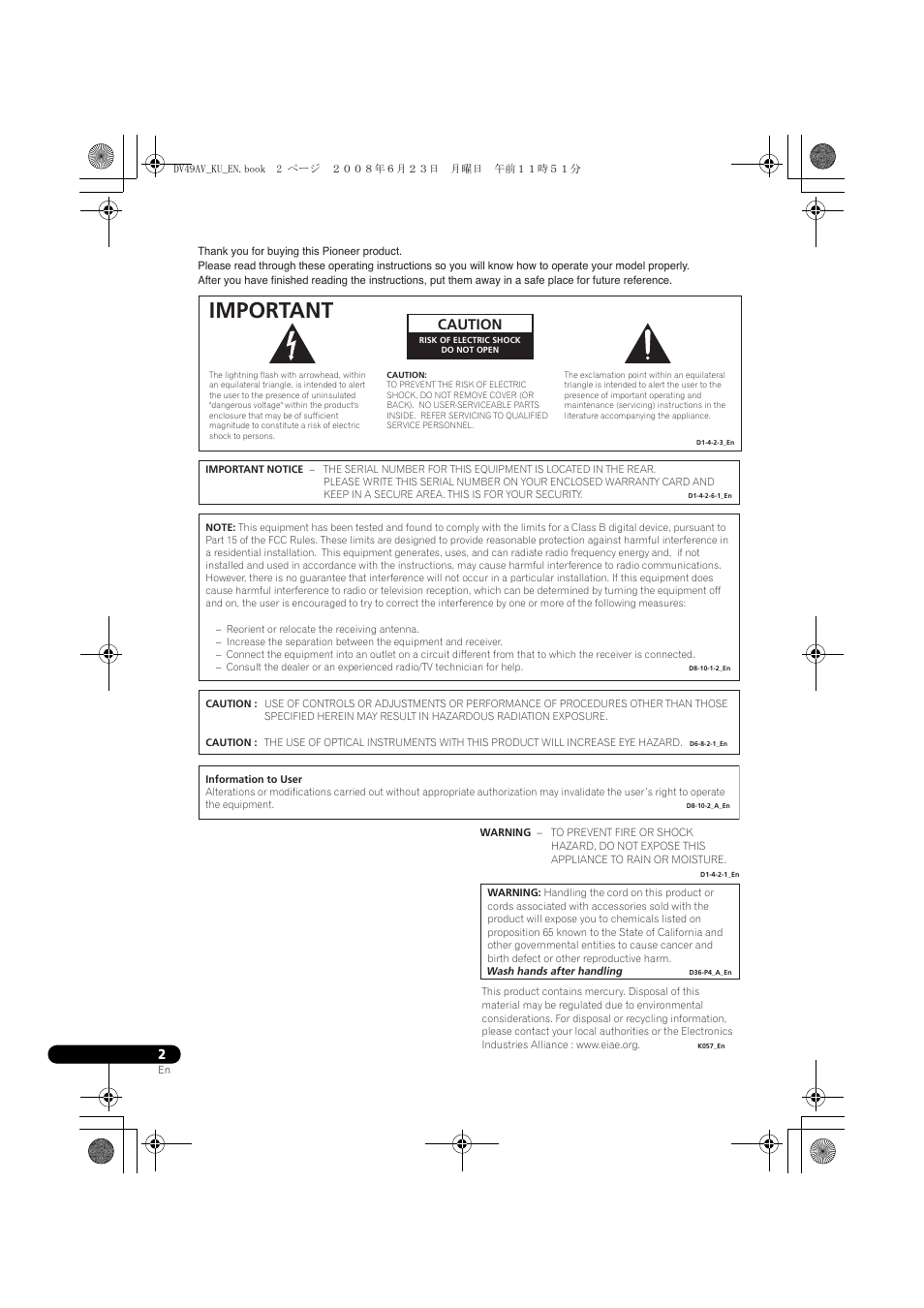 Important, Caution | Pioneer ELITE DV-49AV User Manual | Page 2 / 63