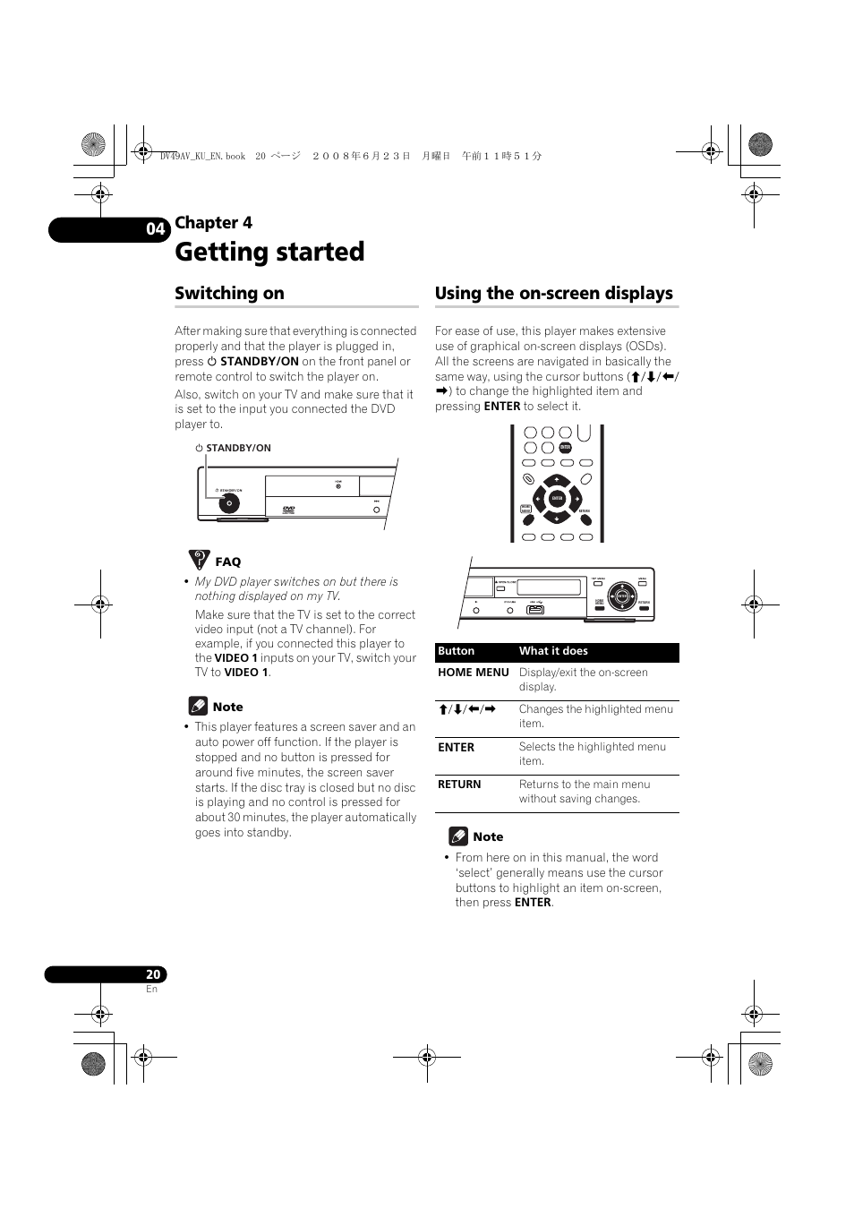 Switching on, Using the on-screen displays, Getting started | Chapter 4 | Pioneer ELITE DV-49AV User Manual | Page 20 / 63
