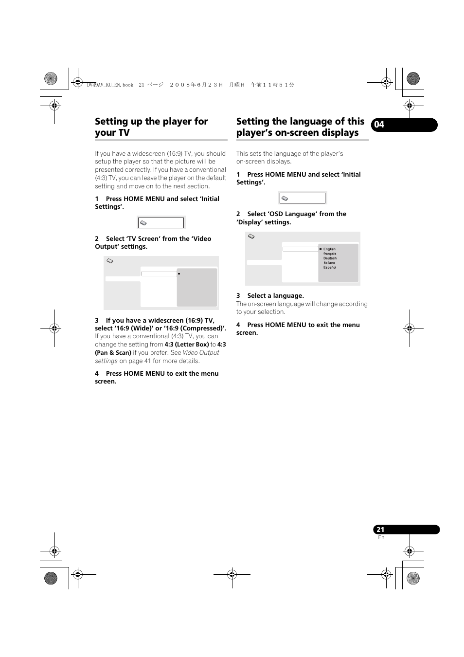Setting up the player for your tv | Pioneer ELITE DV-49AV User Manual | Page 21 / 63