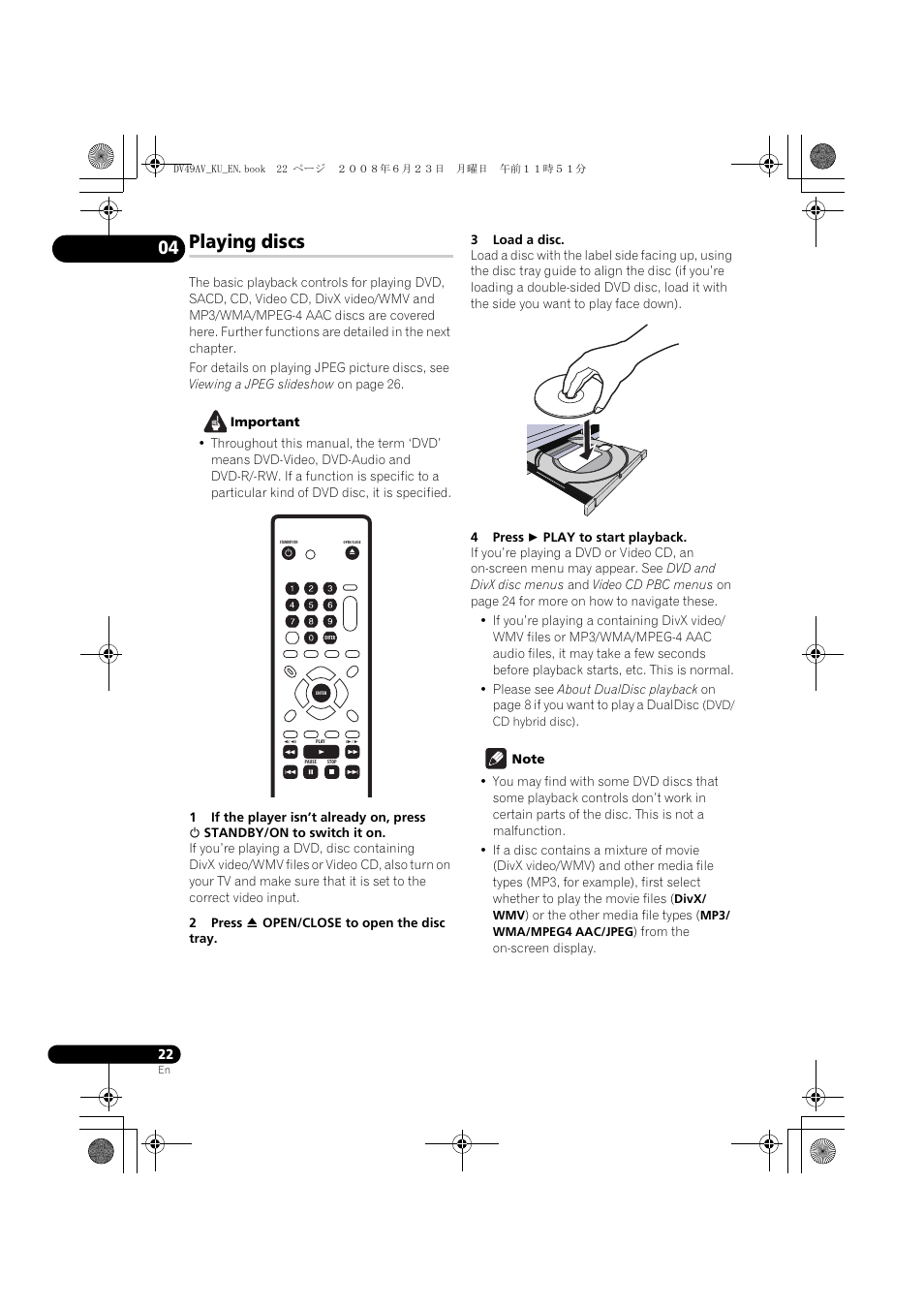 Playing discs | Pioneer ELITE DV-49AV User Manual | Page 22 / 63