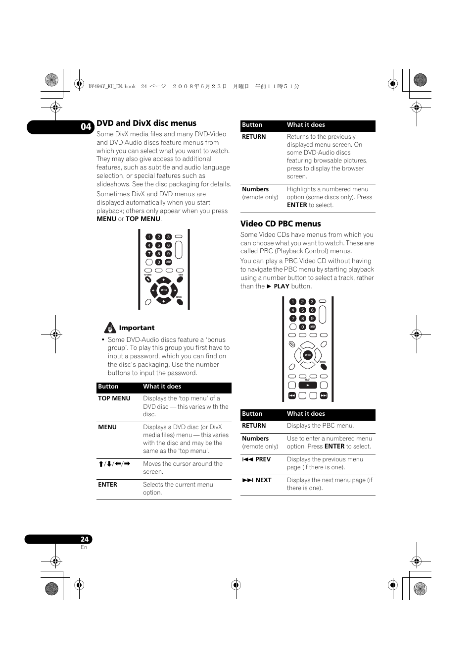 Dvd and divx disc menus, Video cd pbc menus | Pioneer ELITE DV-49AV User Manual | Page 24 / 63