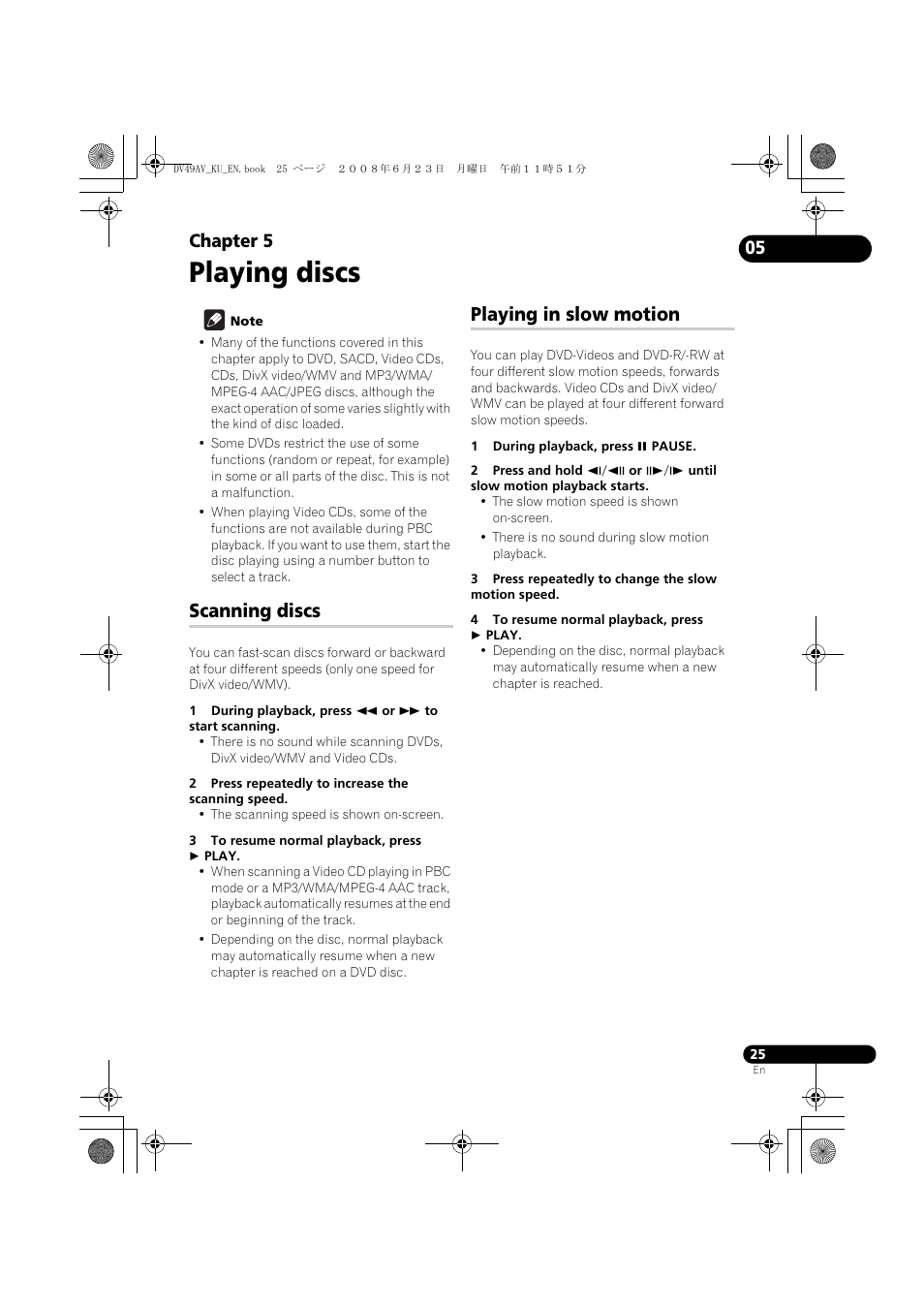 Scanning discs, Playing in slow motion, Playing discs | Chapter 5 | Pioneer ELITE DV-49AV User Manual | Page 25 / 63