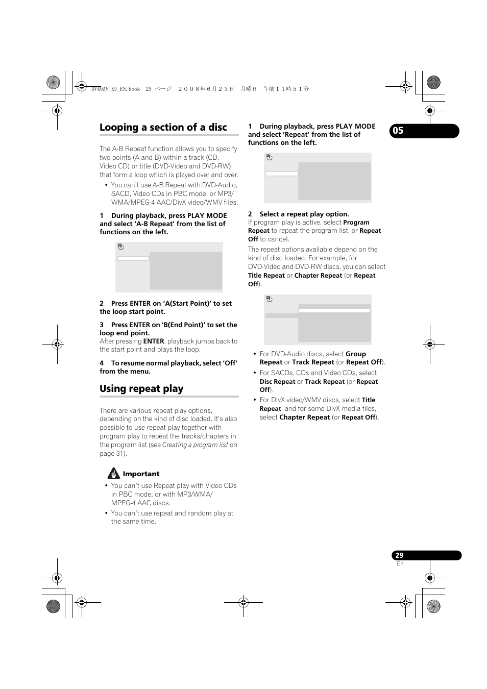 Looping a section of a disc, Using repeat play | Pioneer ELITE DV-49AV User Manual | Page 29 / 63